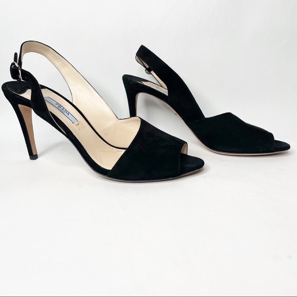 Prada Black Suede d'Orsay Open toe Sling Back Heel - Picture 12 of 12